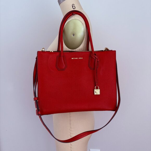 Michael Kors Mercer Red Large Pebbled Leather Accordion Tote Crossbody Bag - Picture 1 of 16